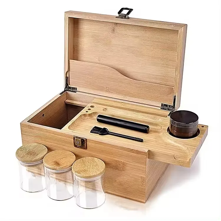 Bambus-Späne-Schachtel mit Rolling-Tablett Holz-Späne mit Schloss rauchsichere Zubehör-Satz Organisator-Container