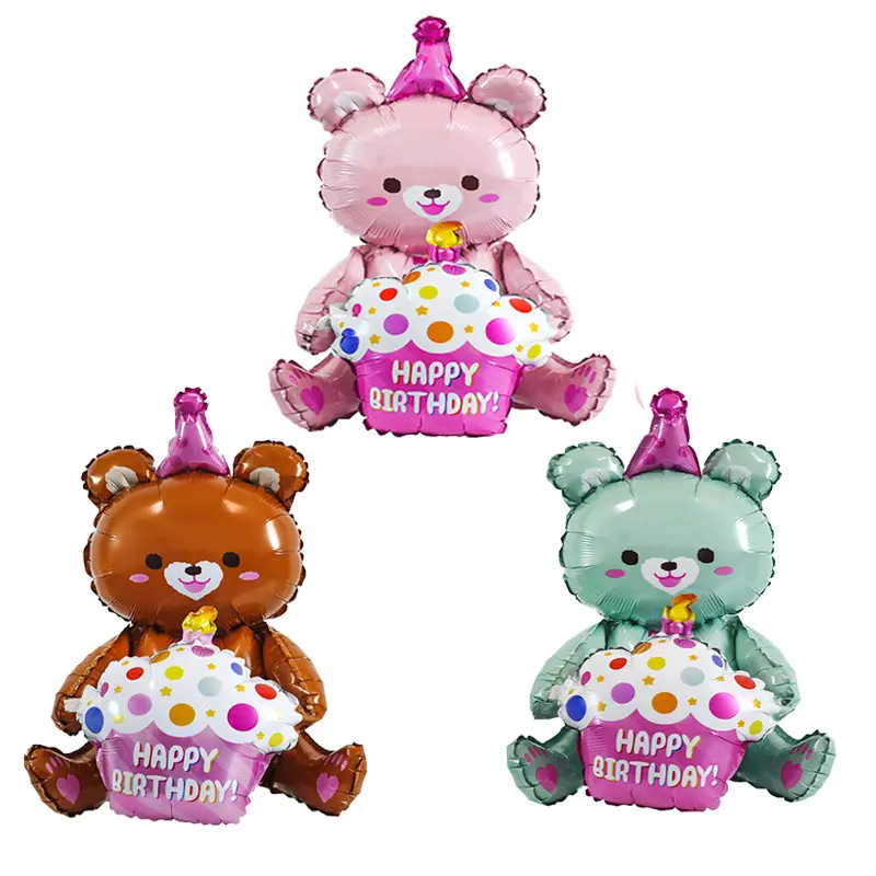 Decorazione di compleanno all'ingrosso 3D Cartoon Cute Bear Holding palloncini Foil a forma di torta per bambini forniture per feste di compleanno globos