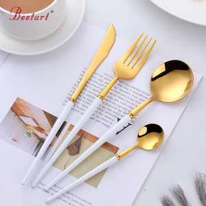 哑光金不锈钢餐具套装波兰镜子餐具，带塑料手柄，用于婚礼食品 - Product Image 1