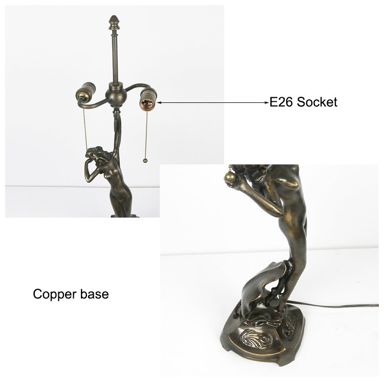 LongHuiJing Retro Dragonfly Stained Glass Table Lamp 16Inch 2Heads Pull-Chain Night Stand Light with Women Sculpture