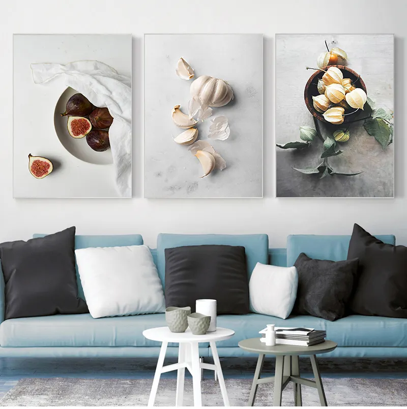 Cuadro decorativo de frutas para comedor, cuadro de cerezas de invierno, ajo, Higo, cocina, arte de pared con Marco, póster de lona