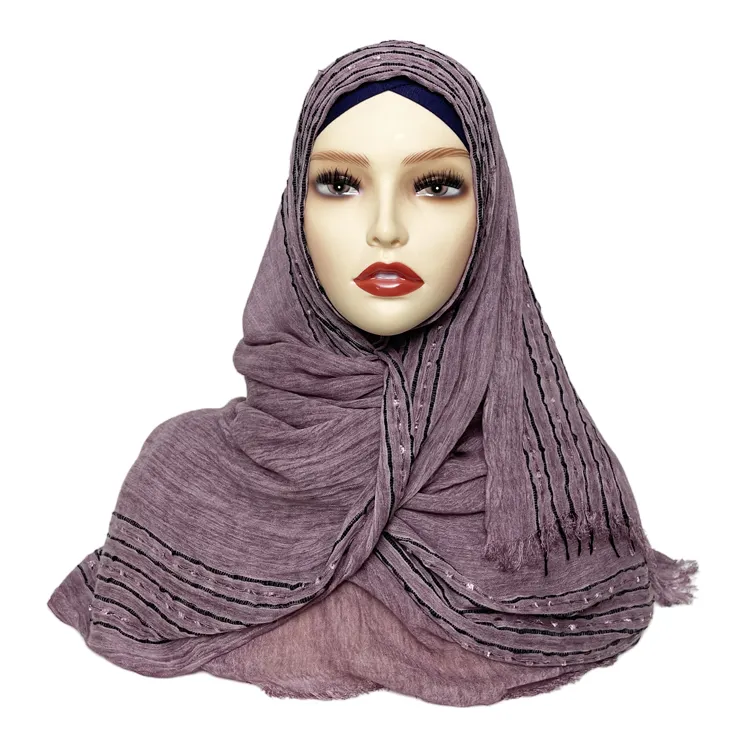 Scialle alla moda islam a righe elasticizzato in viscosa colorato modale con nappine hijab foulard in jersey per donne alla moda