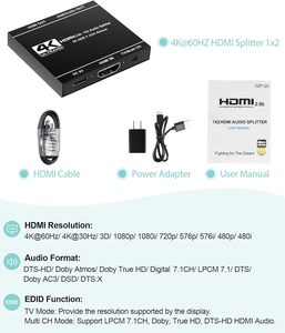 SY <strong>Splitter</strong> <strong>HDMI</strong> 1x2 1 in 2 Out 4k@60Hz <strong>HDMI</strong> Audio <strong>Output</strong> 7.1CH <strong>HDMI</strong> 2.0 <strong>Splitter</strong> for Dual Monitors Duplicate Mirror Screen