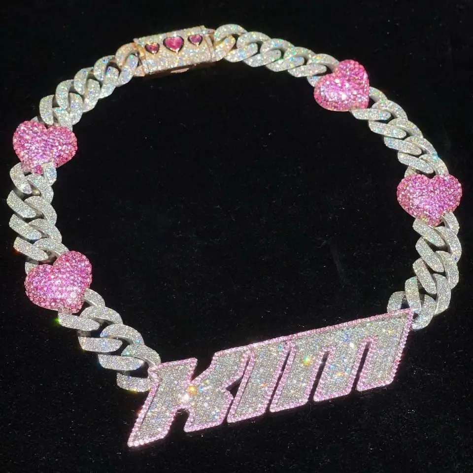 Mode Sailor Moon Hübsches Mädchen Benutzer definierte 925 Sterling Silber VVS Moissan ite Pink Heart Iced Out Kubanische Glieder kette Mit Buchstaben Charme