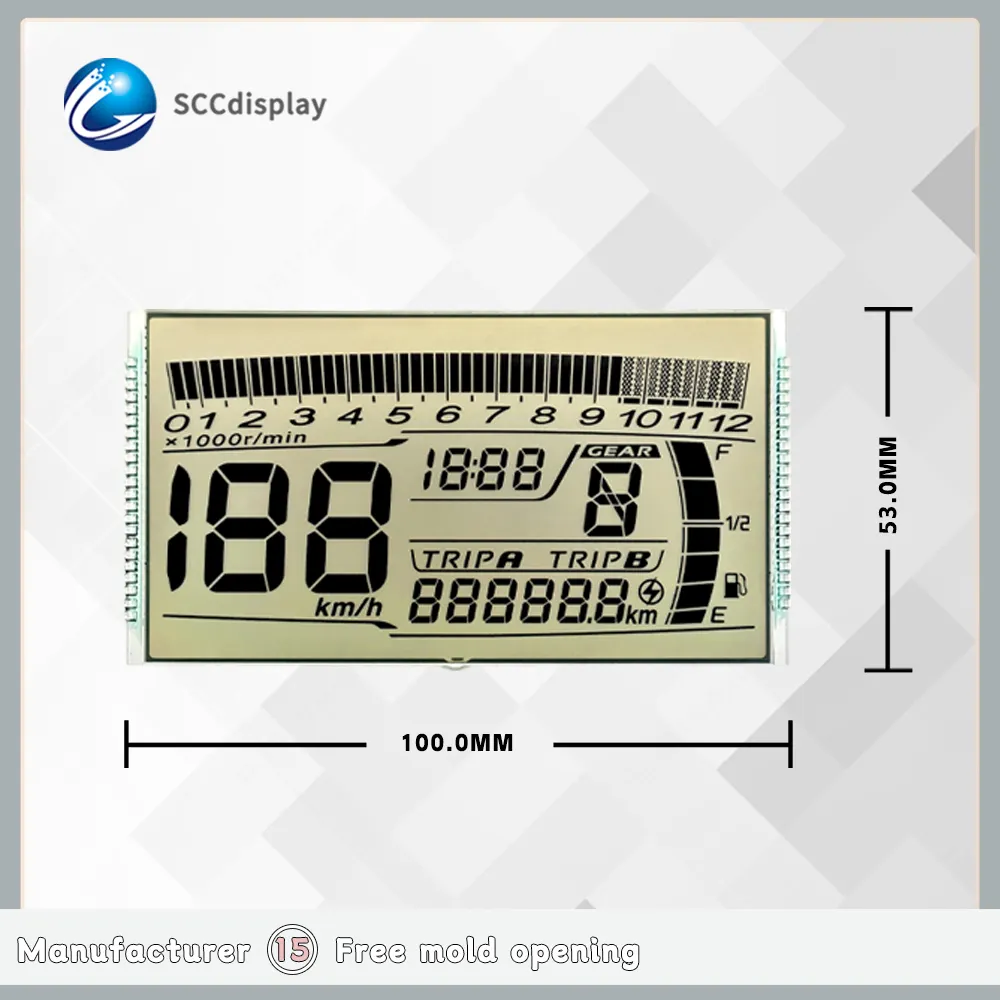 عرض lcd قسم مخصص SJXDGW013 HTN عرض lcd إيجابي للدراجة النارية 5.0 فولت مقاوم للوهج أحادي اللون 7 أقسام lcd