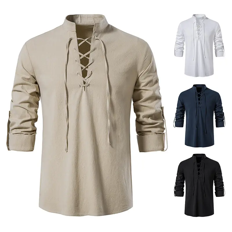 Mens Schotse Jacobite Ghillie Kilt Shirts Middeleeuwse Renaissance Pirate Kostuum Lange Mouwen Lace Up Henley Shirt Mannen Camisas Xxl