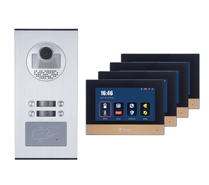 Sistema de videoportero de 4 unidades de alta calidad con conectividad por cable de monitor de 10 pulgadas para apartamentos y timbres