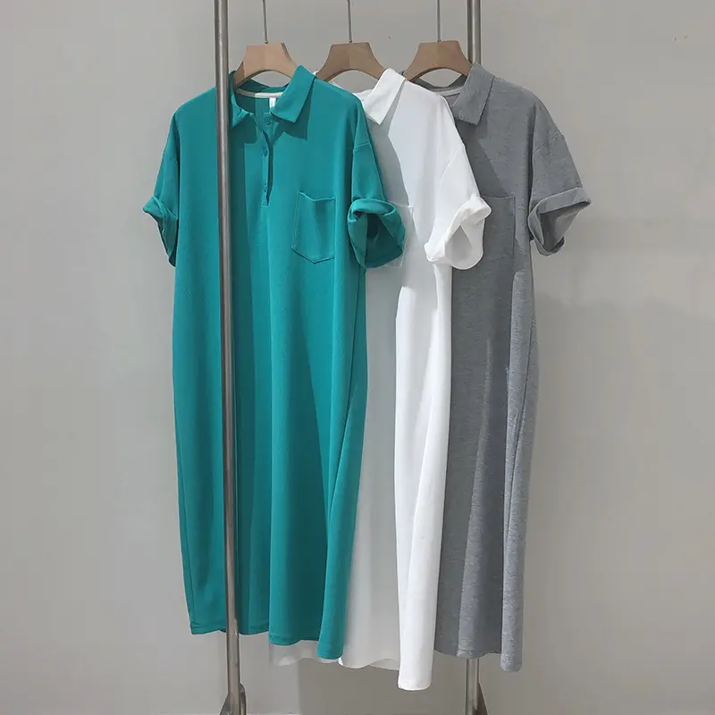 Camiseta midi de algodão feminina, manga curta, folgada, com gola polo, logotipo personalizado, casual, para o verão