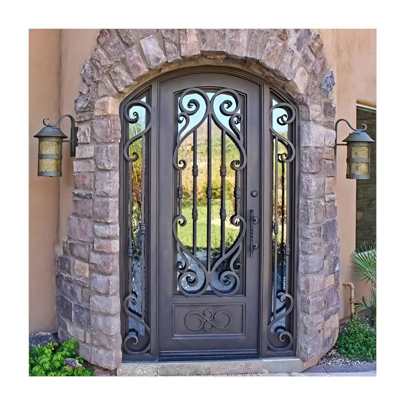 French Style Front Entry Exterior Interior Entrance Double Glass Cast Aluminum Alloy Metal Frame Arched House Home Main Door