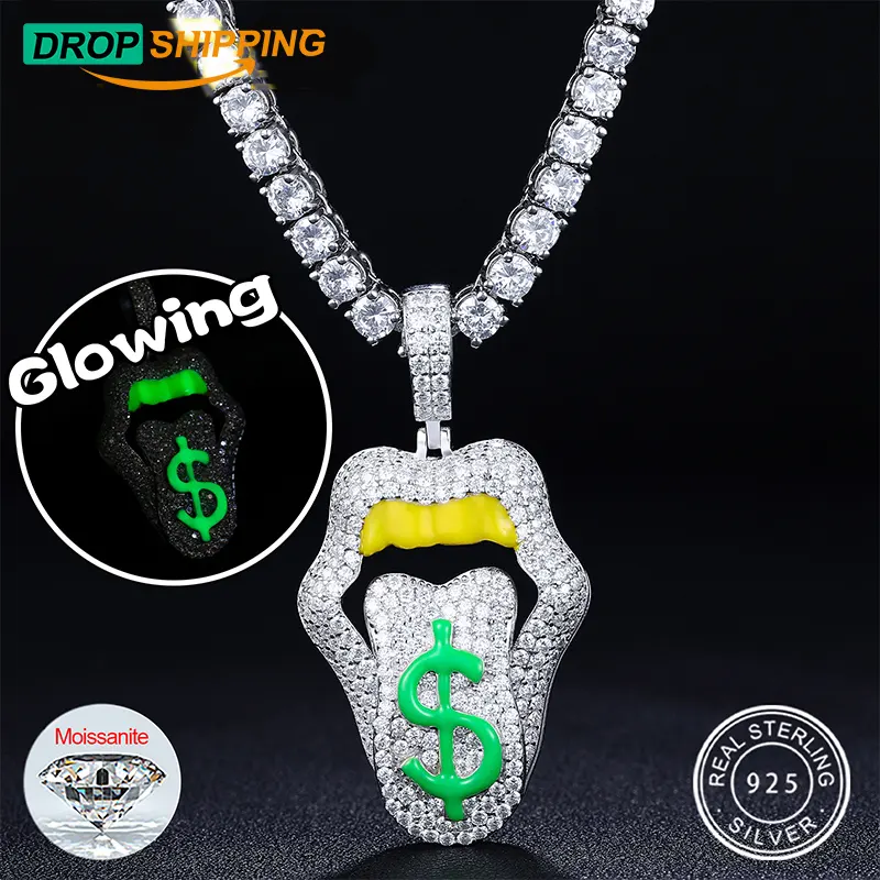 Dropshipping Hiphop गहने चमक अंधेरे में 925 स्टर्लिंग चांदी वीवीएस Moissanite हीरा आइस्ड बाहर डॉलर होंठ लटकन हार