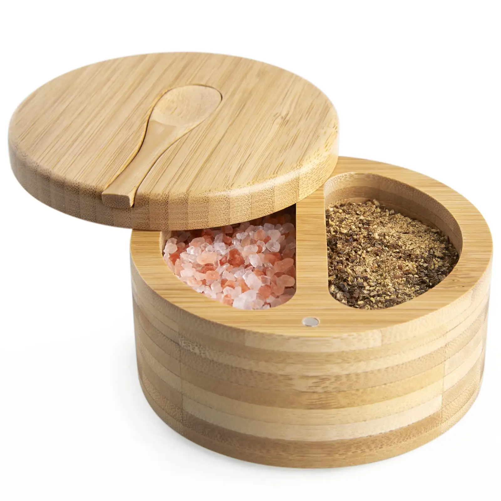Recipiente grande de sal y pimienta, recipiente de sal de bambú con tapa giratoria y cuchara, 2 compartimentos
