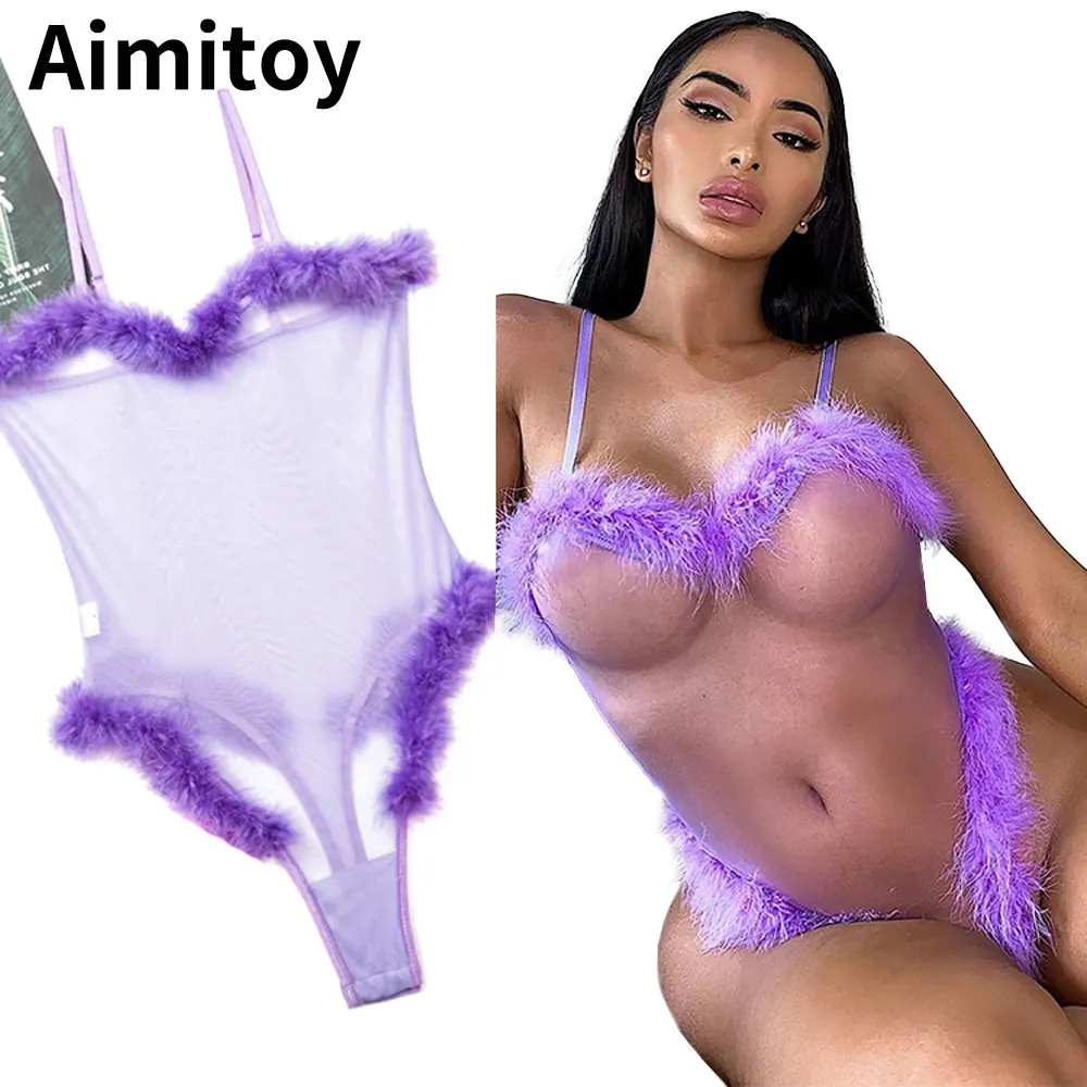 Aimitoy-ropa de dormir transparente de una pieza para mujer, lencería Sexy de malla con pelusa, venta al por mayor