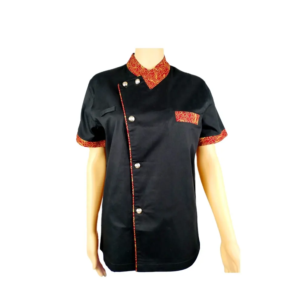 Uniforme de camarera de manga corta, uniforme de cocinero tejido negro de alta calidad con logotipo personalizado Unisex
