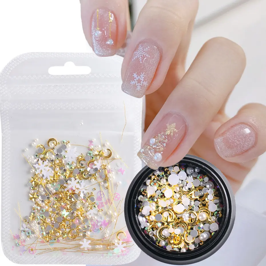 Adornos de uñas de alta calidad Invierno Navidad Nieve Estrella Luna Perla Diamante plano Lámina de oro Alambre Decoraciones de uñas