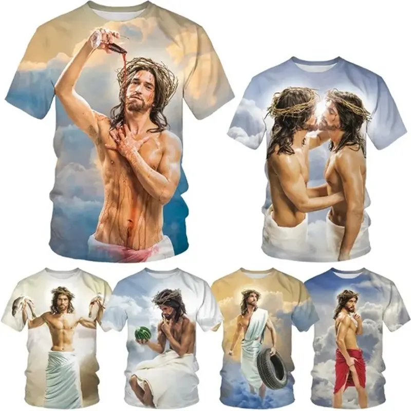 Camiseta de manga curta com estampa 3D de Jesus para homens, camisetas de manga curta para homens de grandes dimensões, moda de rua
