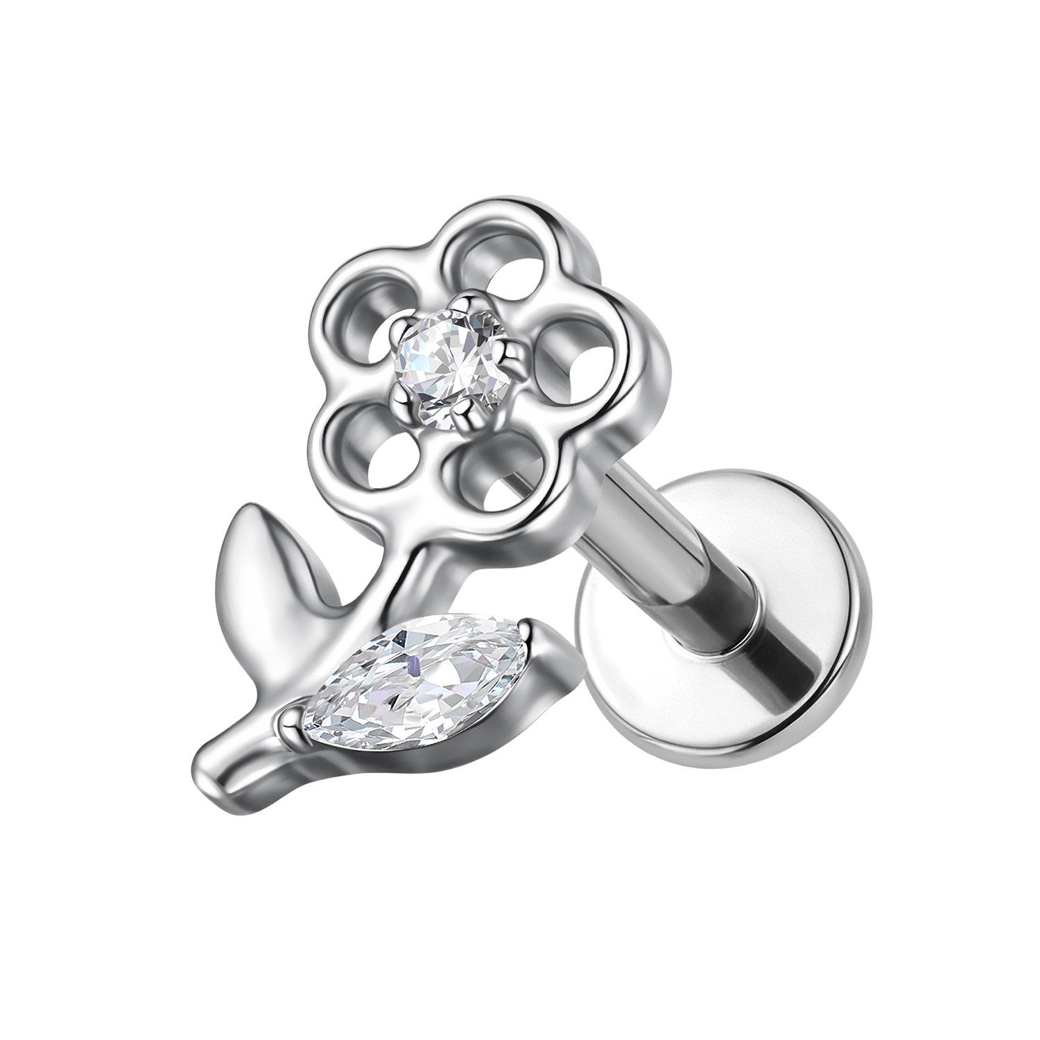 Clou de labret à dos plat fleur argentée A