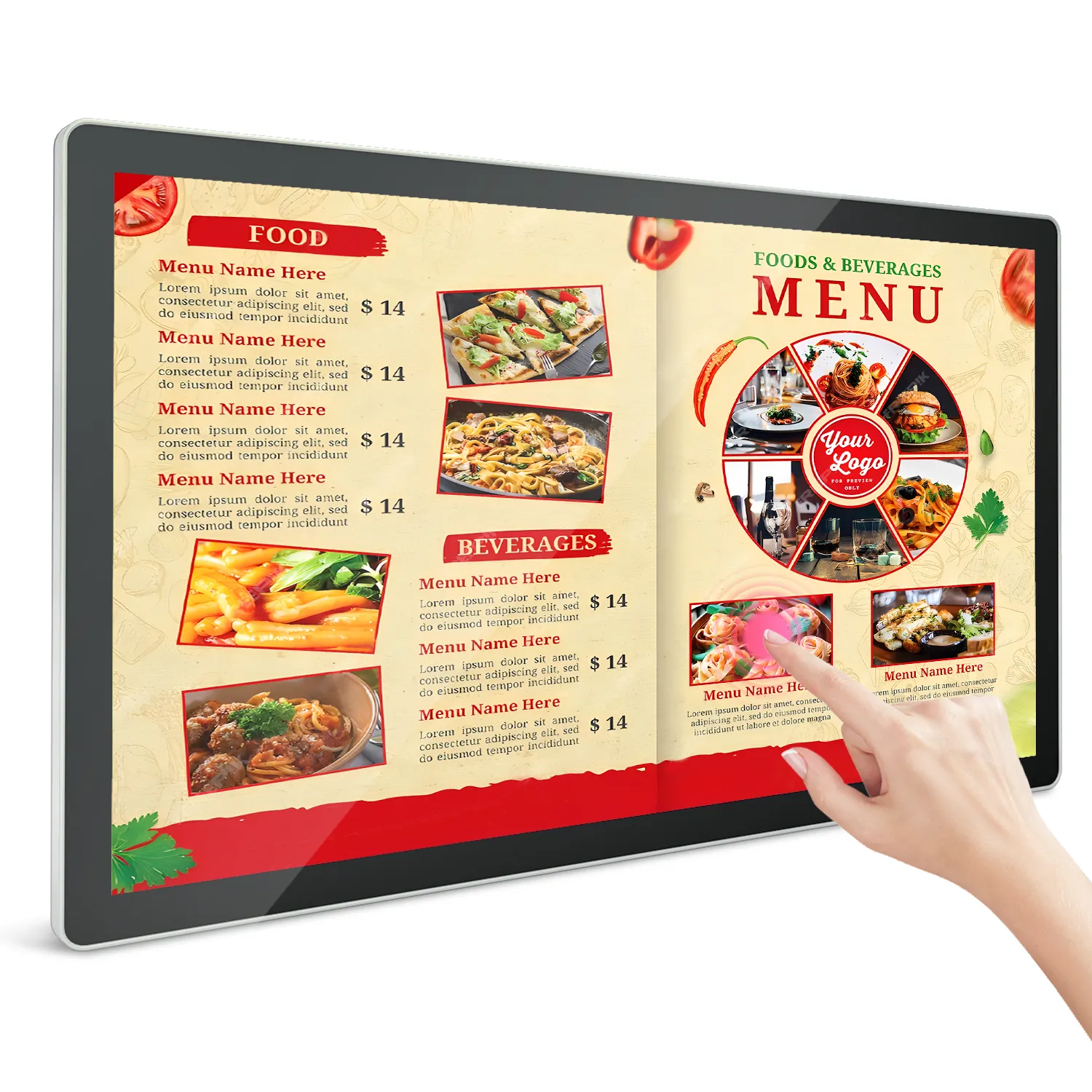 Placa de menu digital para restaurantes, sistema Android, display LCD para publicidade interna, sinalização digital e CMS LCD