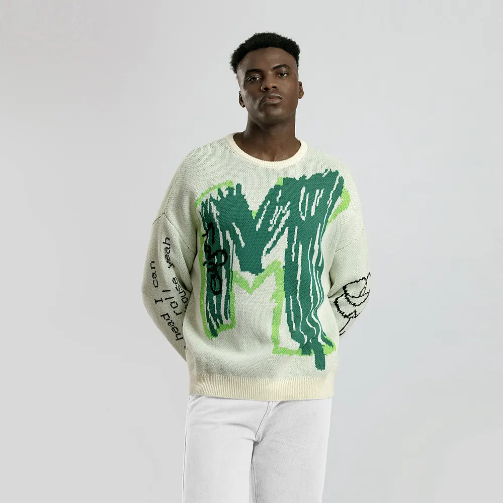 Suéteres de punto de Jacquard con logotipo personalizado para hombre, Jersey de punto de algodón de invierno a la moda con cuello cerw, suéter de punto de lana para hombre