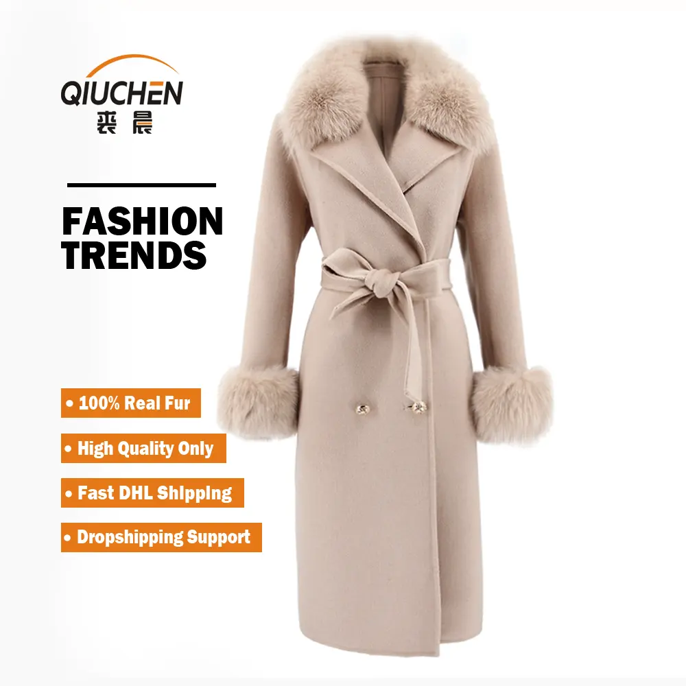 Black Friday Sale QIUCHEN- QC19054 moda invernale donna agnello Cashmere capispalla collo in vera pelliccia di volpe cappotto in pelliccia di lana