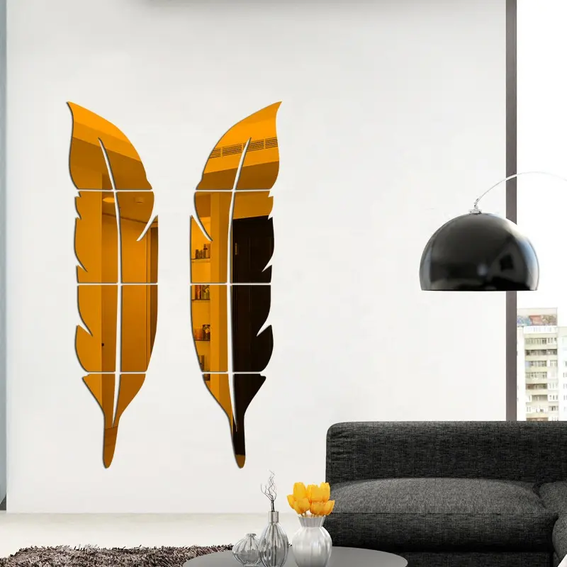 Pegatinas de pared de plumas de espejo 3D, calcomanías de arte removibles, Mural, sala de estar, oficina, decoración moderna para el hogar DIY