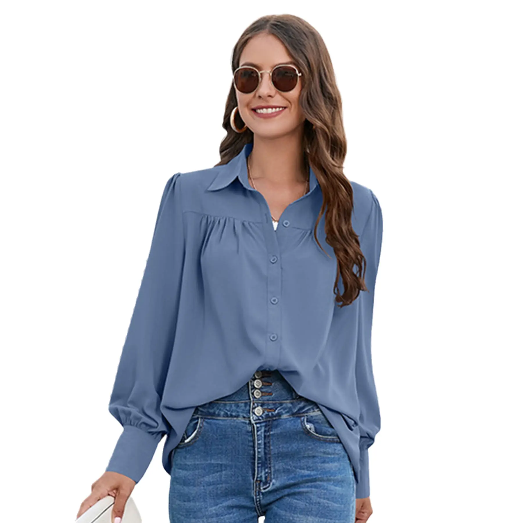 2023 nueva primavera Camisa de gasa de manga larga Color sólido plisado elegante temperamento blusas de mujer