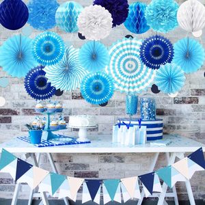 צבע כחול כהה pom פרחים poms, גרלנד מחרוזת polka נקודה ומשולש חבילות דגל בunting למארז יום הולדת ילד