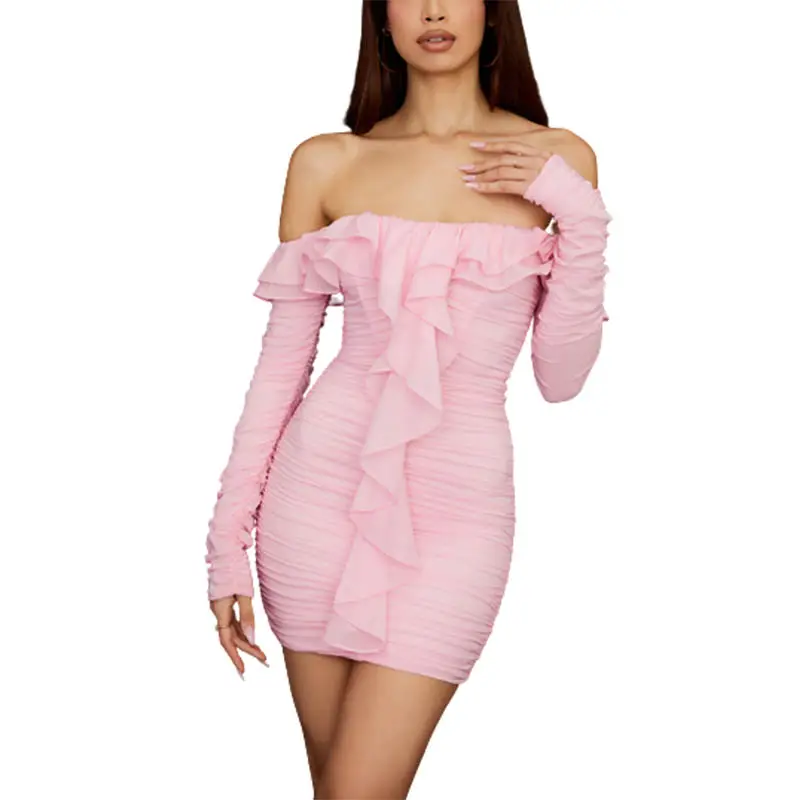 Vestido de verão personalizado feminino, mini vestido de manga longa babado rosa das fadas