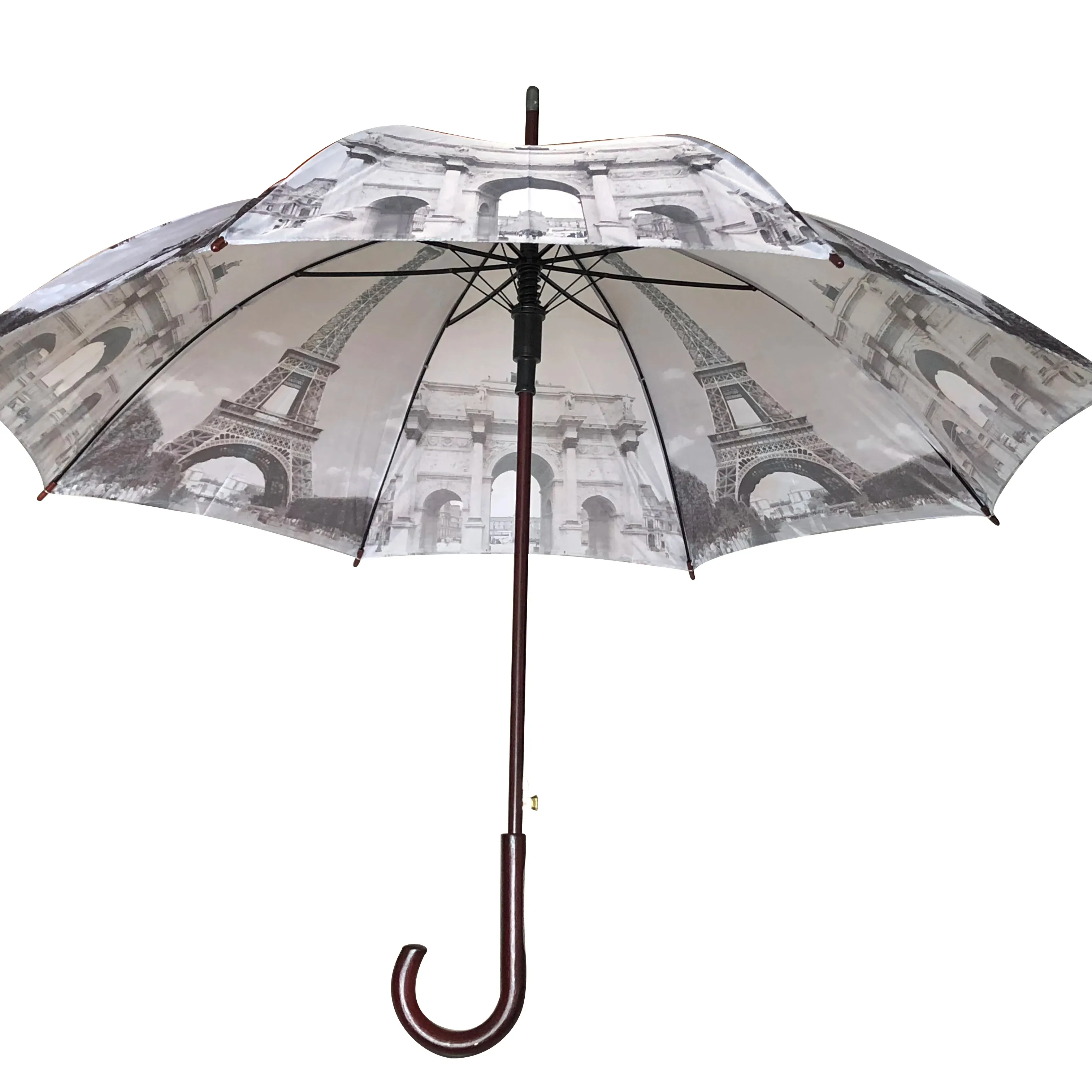 Özel Logo uzun fiberglas çerçeve sopa beyaz şemsiye J kolu ile özel düz şemsiye yağmur için