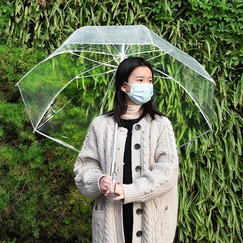 China fancy POE long straight stick j curvo maniglia bubble dome ombrello trasparente trasparente con cinturino di copertura