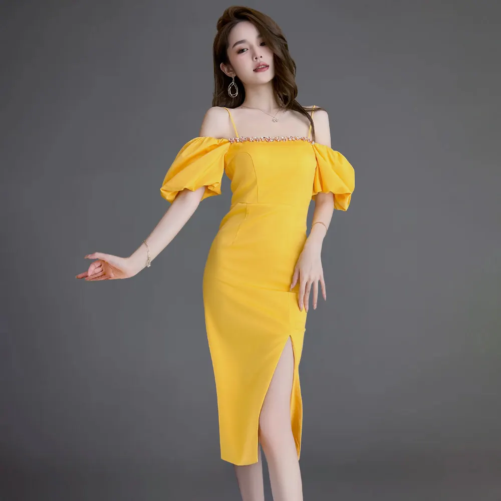 ZYHT 20528 Sexy fuera del hombro Puff manga Bodycon Midi Slit vestidos amarillo Rhinestone decorado Club vestido de fiesta