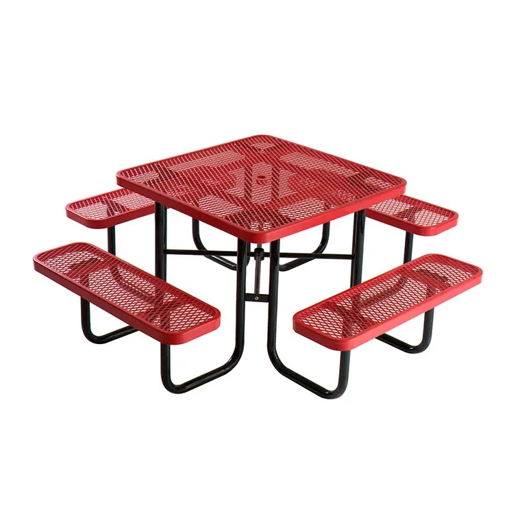 Erweiterte stahl-freiluft-möbel quadratischer picknicktisch mit beiliegender bank-sitz draußen restaurant metall-esstisch und stuhl