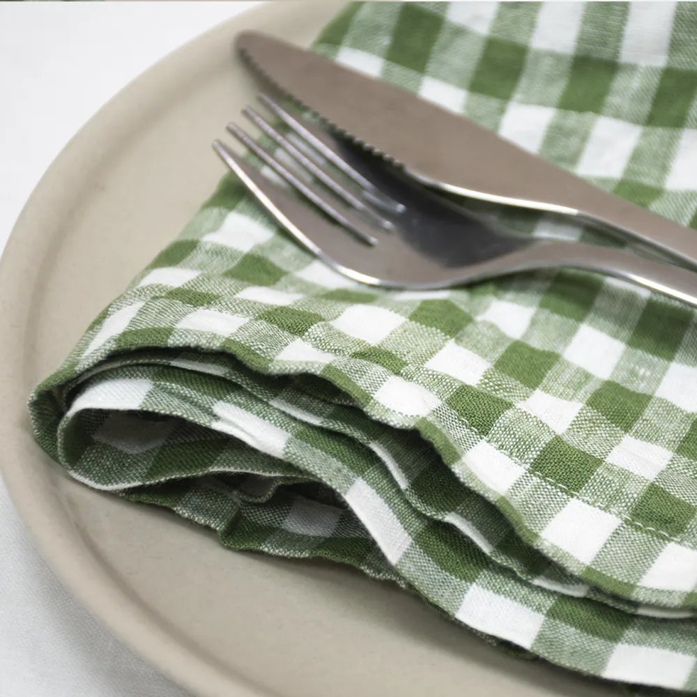 OLLKO stone washed linen 100 linen table for restaurant party wedding kitchen green checked gingham linen napkin
