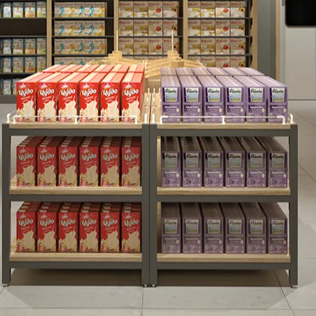 Tavoli promozionali supporto per merce in legno rustico a tre livelli per negozio di alimentari