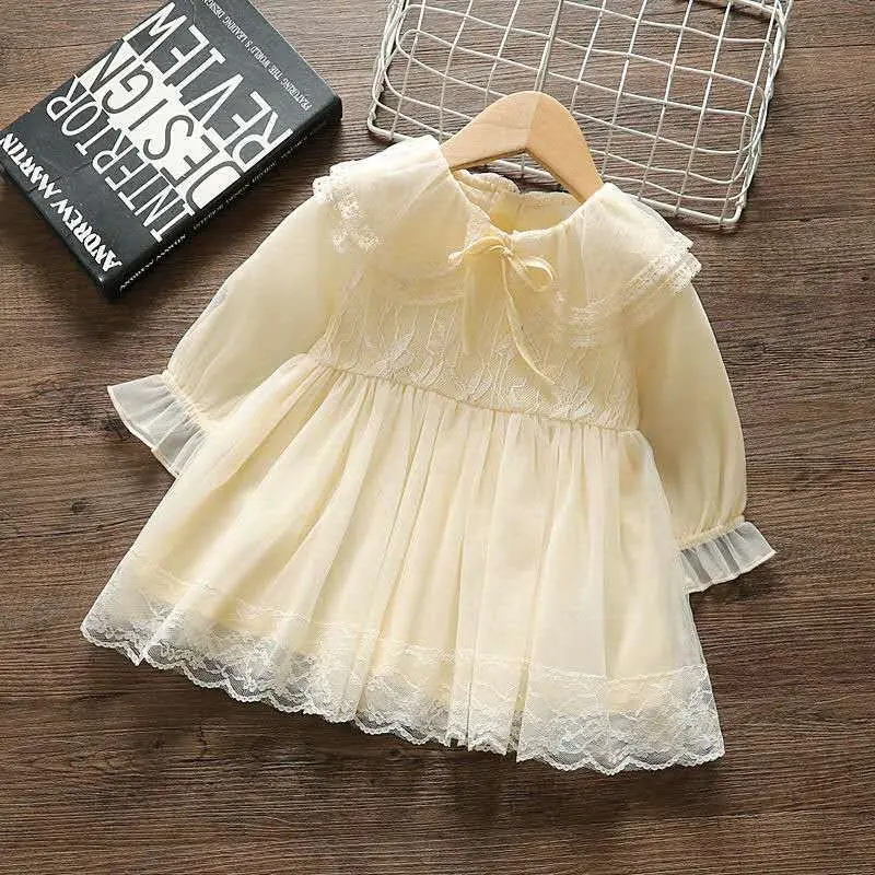 2024 Spring Autumn Children Skirt Long Sleeve Lace Solid Color Cotton Tulle Sweet Casual Baby Girl Dress