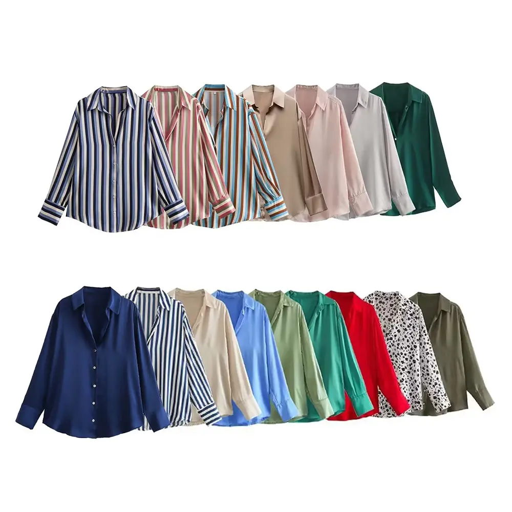 Zatrhmbm camisa de cetim multicolorida feminina, blusa vintage de manga comprida com botões, top chique primavera 2024, moda feminina