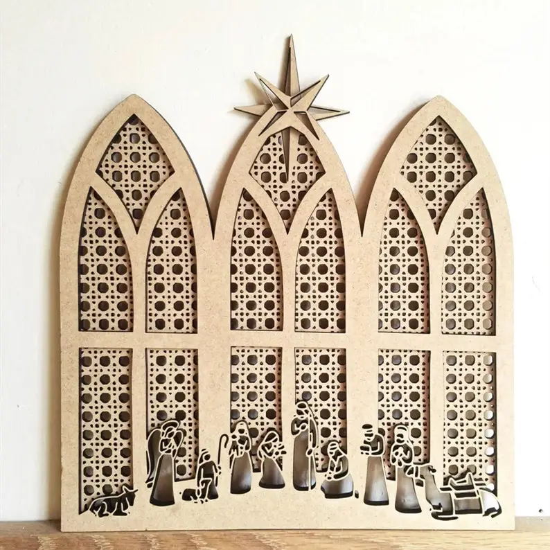 Artesanía de madera cortada con láser personalizada, bastón de corte con láser, escena de la Natividad, Iglesia Cristiana, capilla, templo, arte para decoración de pared