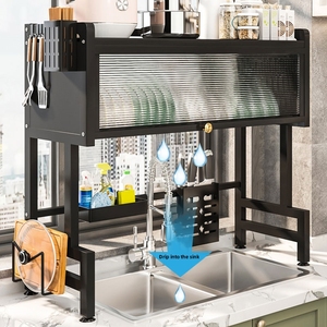 Toz geçirmez dolap kapı ile lavabo bulaşık kurutma rafı üzerinde, 2 katmanlı büyük depolama mutfak çanak geri çekilebilir süzgeç raf - Product Image 2