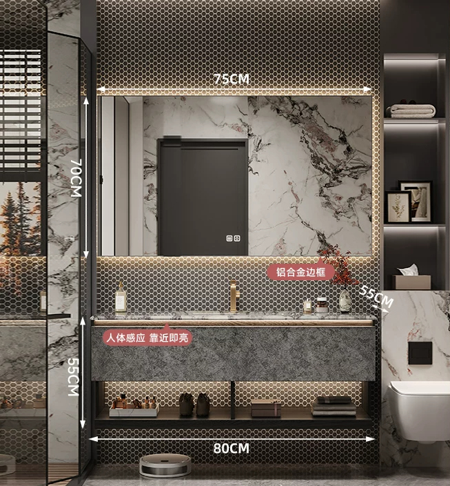 80cm Marble Countertop& Ceramic Sink+smart mirror