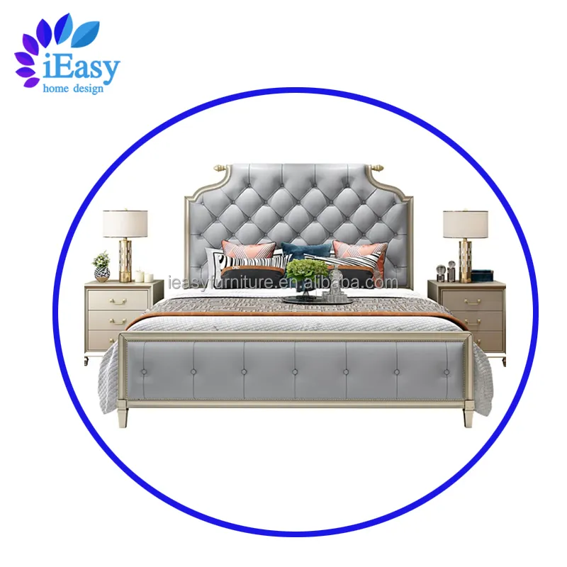 iEasy Brand Designer Modern Storage Luxury Bedroom Furniture Leather King Size Bed Gold Set Solid Wood Frame Building Style