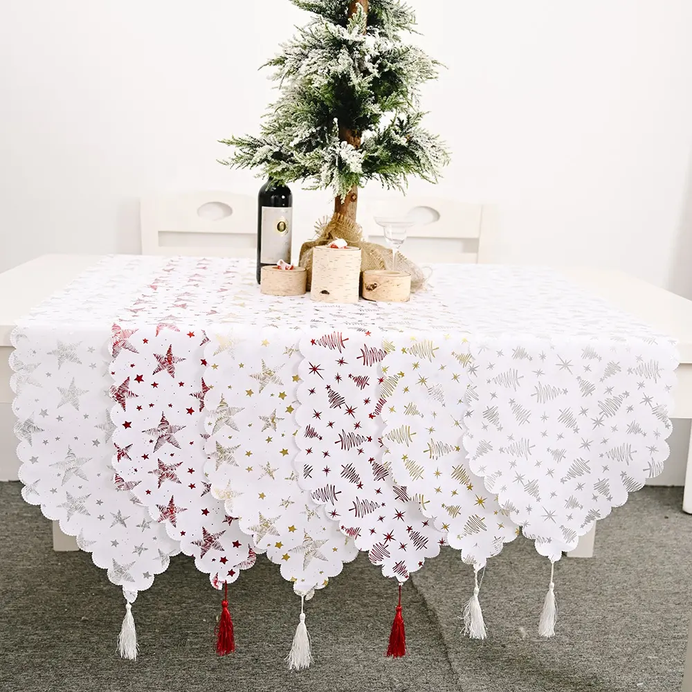 Foil Printing Christmas Pattern Table Runner With Tassel Edge Party Decorative Table Runner