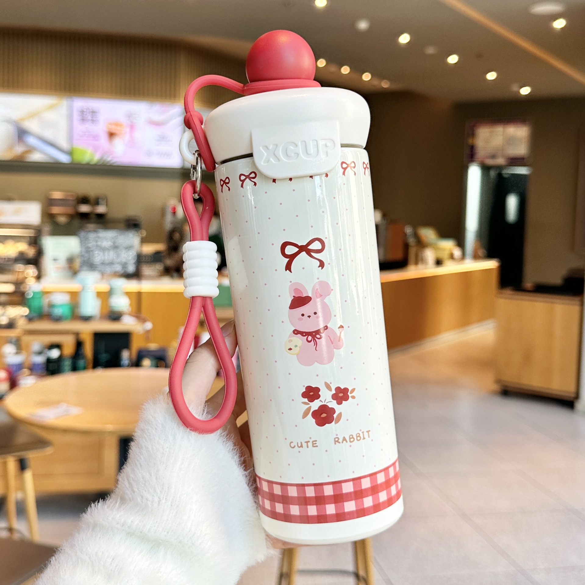 Coperchio bianco e rosso - tazza thermos coniglietto