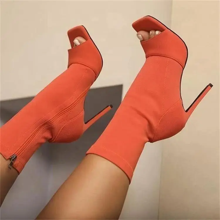 Botines sexys de goma para mujer, zapatos de tacón alto con cremallera lateral, botas de Color sólido para primavera y verano