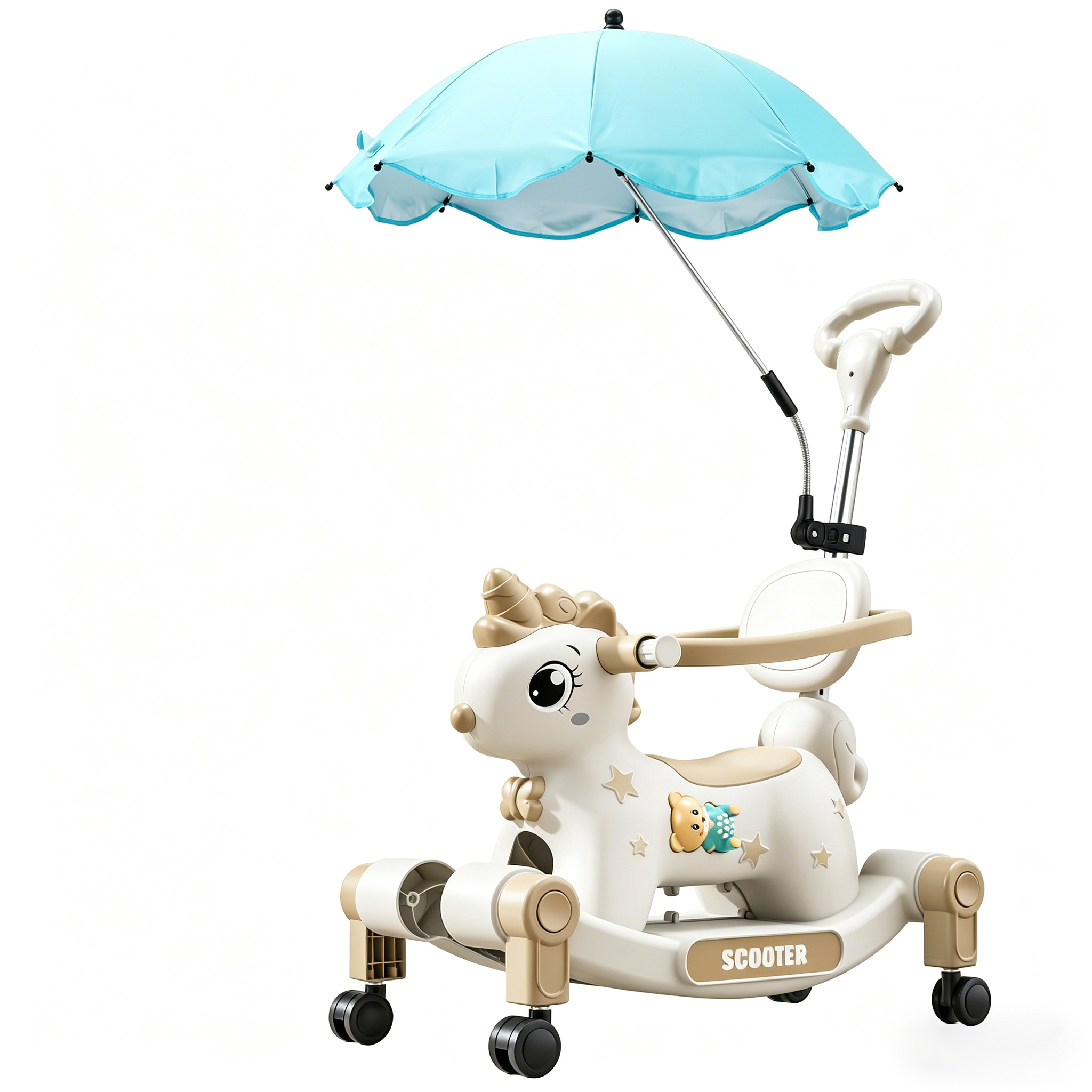 planeur 3 en 1 marron + parasol + poignée de poussée + cheval à bascule