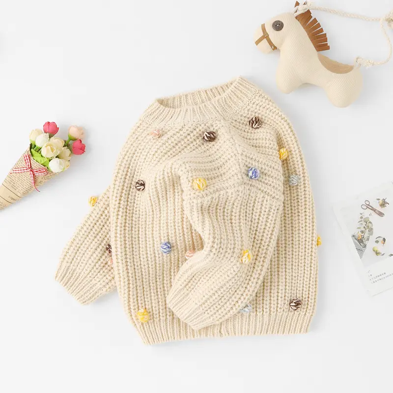 Ivy83683A nuevo diseño niños pequeños mezcla de lana prendas de punto niñas hecho a mano colorido pompón Navidad suéteres niños bebé Año Nuevo ropa