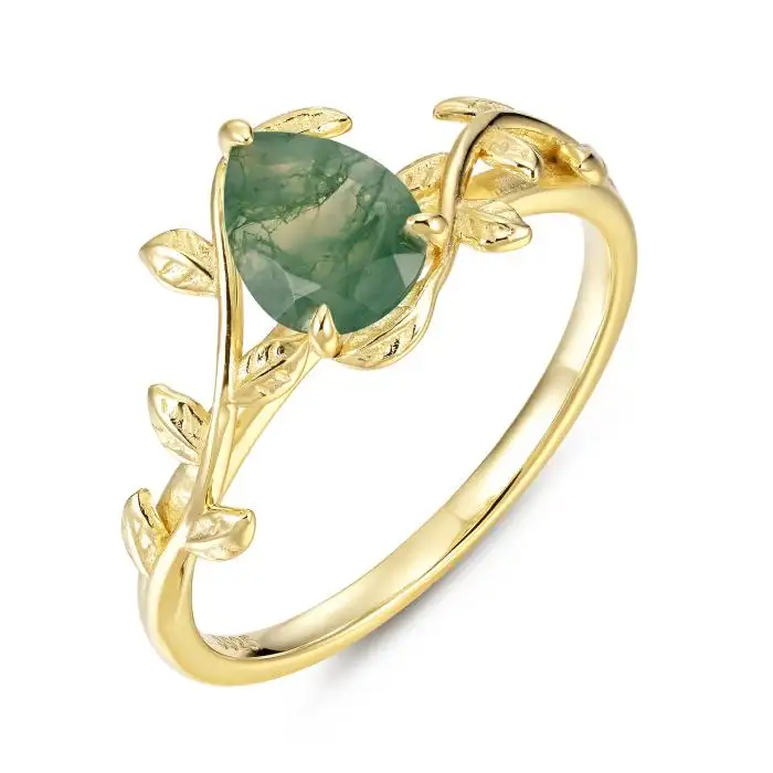 Commercio all'ingrosso 925 gioielli in argento retrò anello di pietre preziose placcato oro a forma esagonale anello di agata di muschio verde naturale