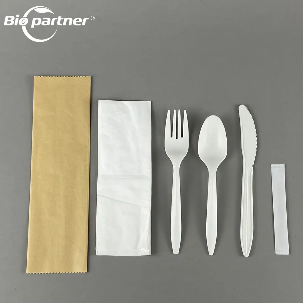AI4 सस्ते थोक रेस्तरां tableware पाउच के साथ डिस्पोजेबल प्लास्टिक तालिका कटलरी सेट गीला नैपकिन