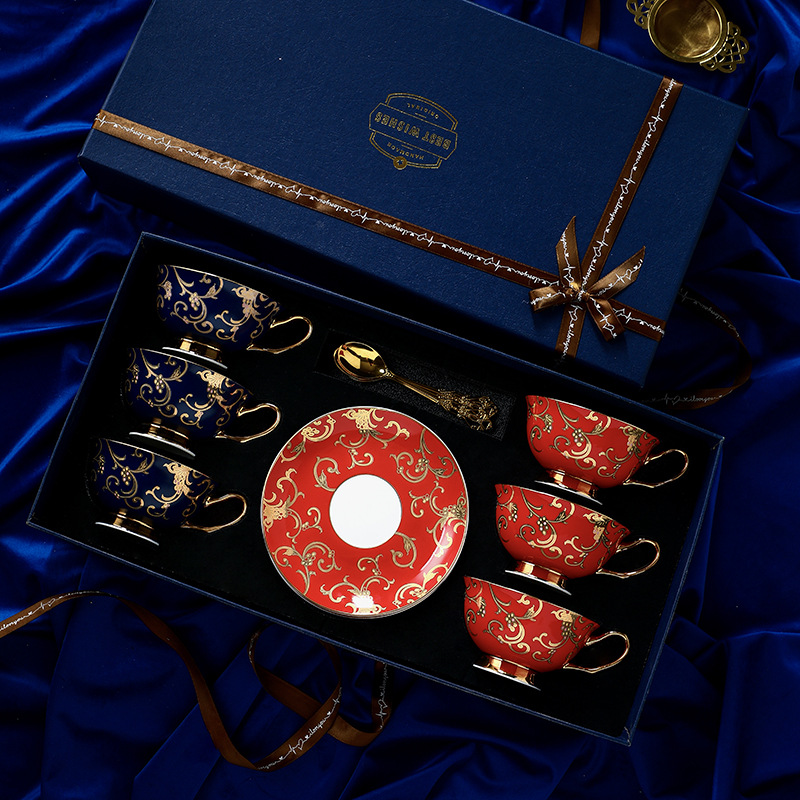 Treasure red blue exquisite gift box (blue 6 cups dish spoon)