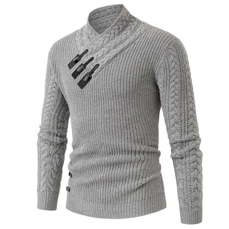 Pull à col roulé épais pour hommes, tricot épais et chaud, avec boutons en cuir, tendance, vente en gros,