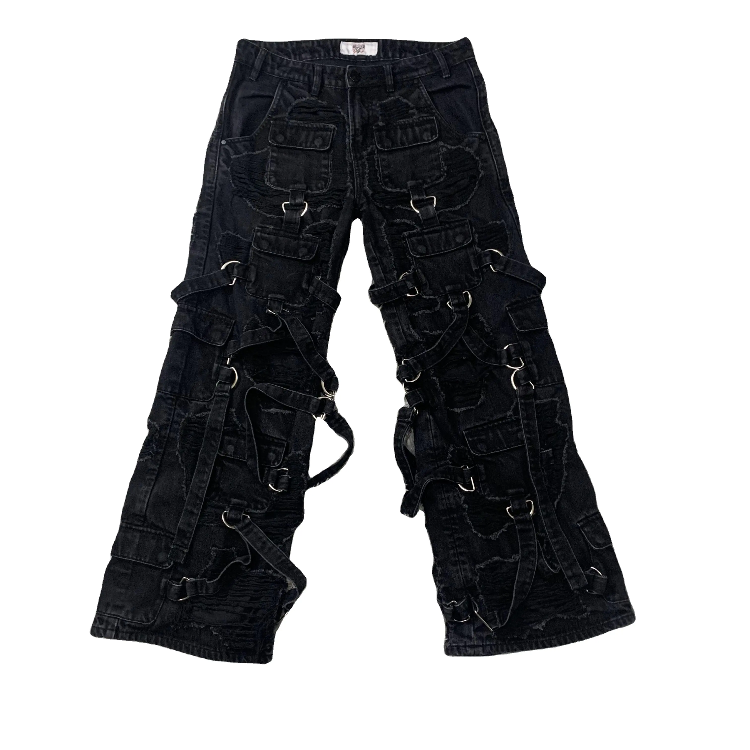 DENIMGUYS Mode Élégant Tendance Designer Noir Strap Décoration Jeans Allover Distressed Jeans Personnalisés Pour Hommes