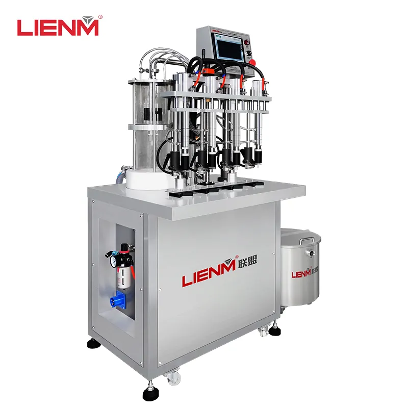 LIENM Semiautomático PLC Máquina de llenado de perfume en aerosol de 4 cabezales para botella de perfume Vial spray llenador de botellas de vacío